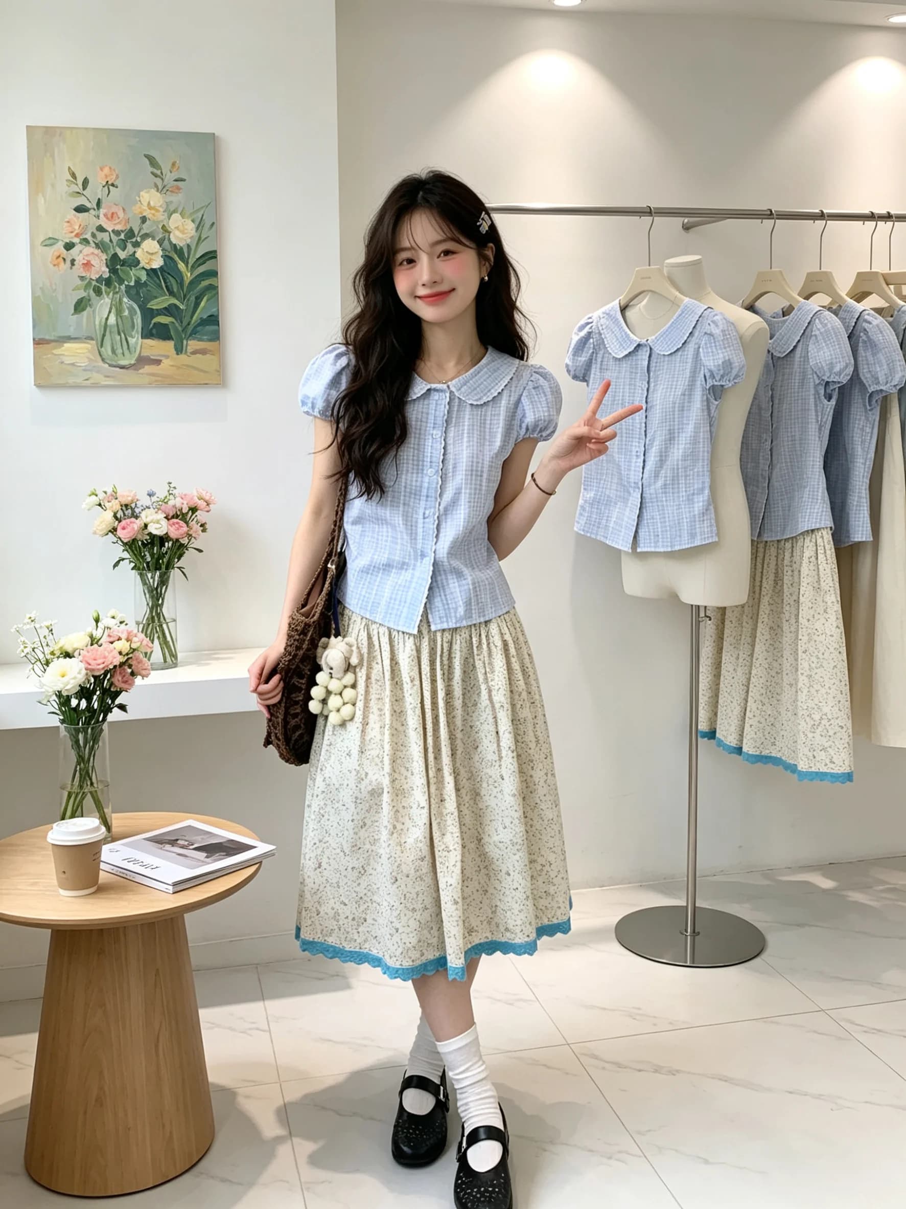 Sweet Style Bubble Sleeve Doll Collar Shirt And Floral Skirt Set Women's Summer Outfit Breathable Polyester Casual Wear