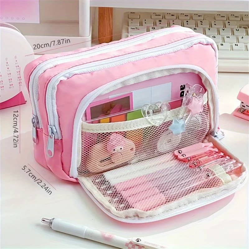 1pc Three layer large capacity windowed pencil case stationery box high aesthetic stationery bag