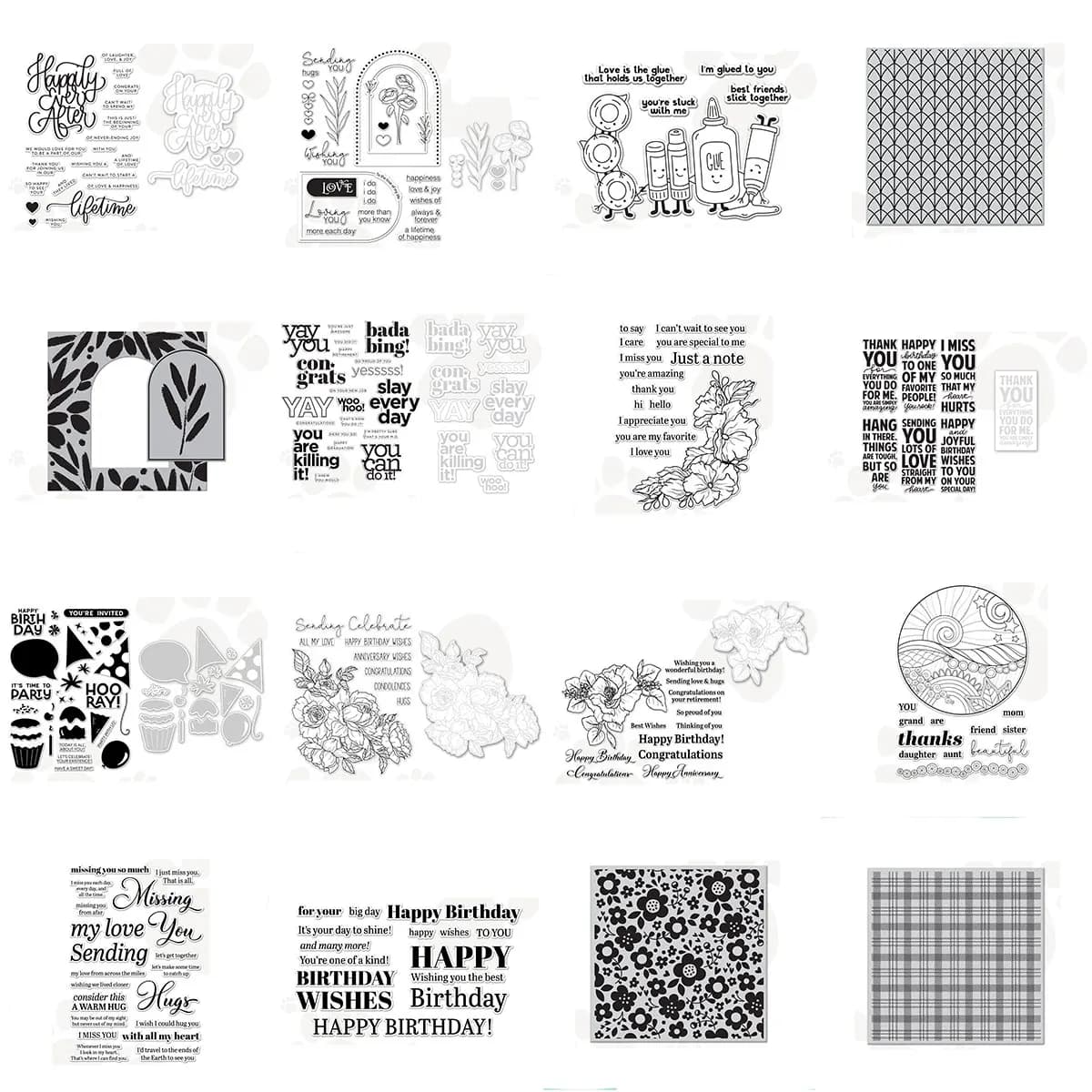 General Greeting & Life Themed Carbon Steel Die & Clear Stamp Set, Birthday/Thank You/Inspirational Elements Tools for DIY Scrap