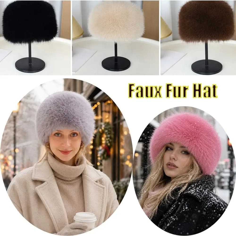 Chrismas Gifts Russian Style Faux Fur Hat Thick Faux Fox Fur Flat Cap Windproof Round Top Snow Ski Cap Women
