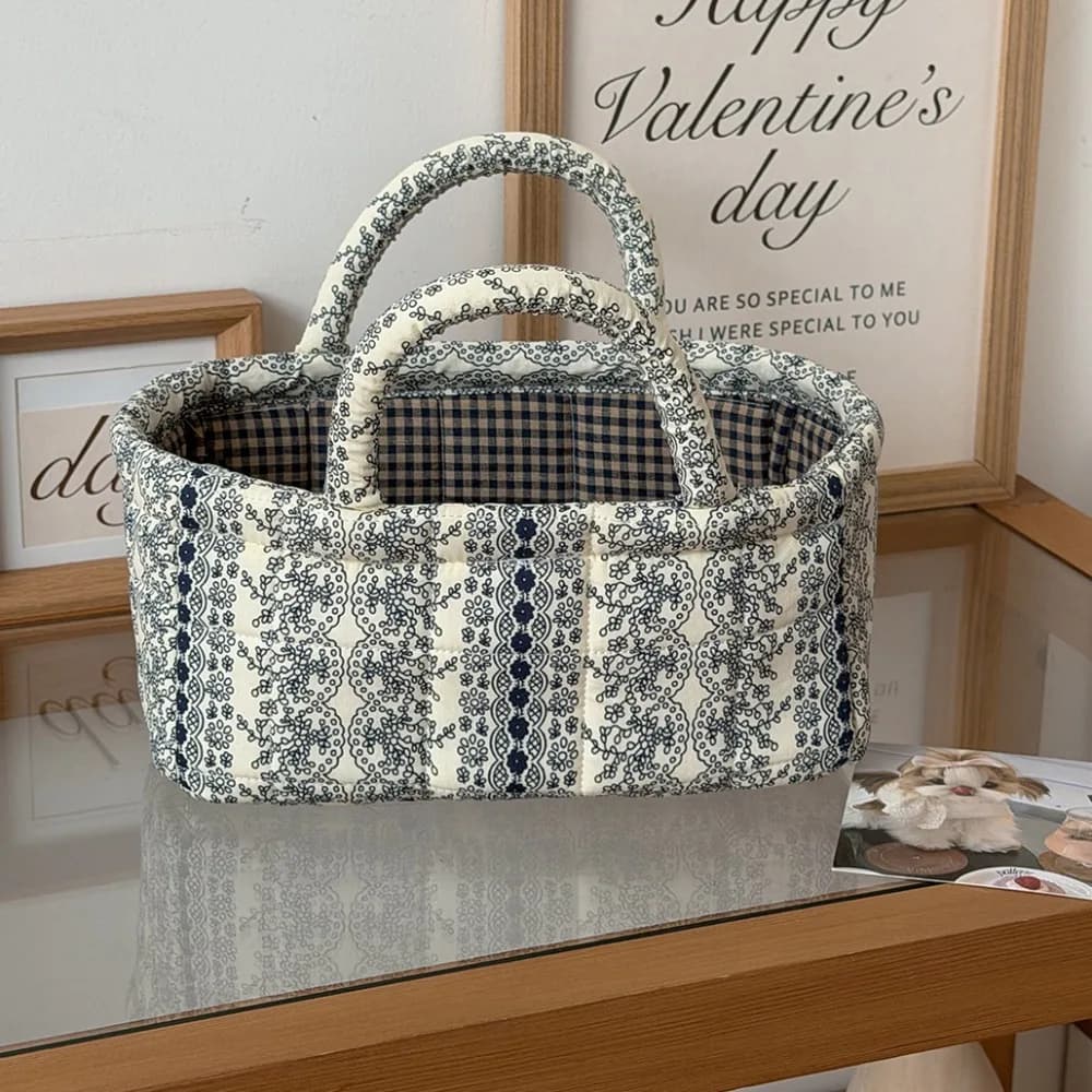 Quilted Quilted Storage Basket Dual Handles Open Top Foldable Fabric Basket Fabric Floral Print Small Storage Basket