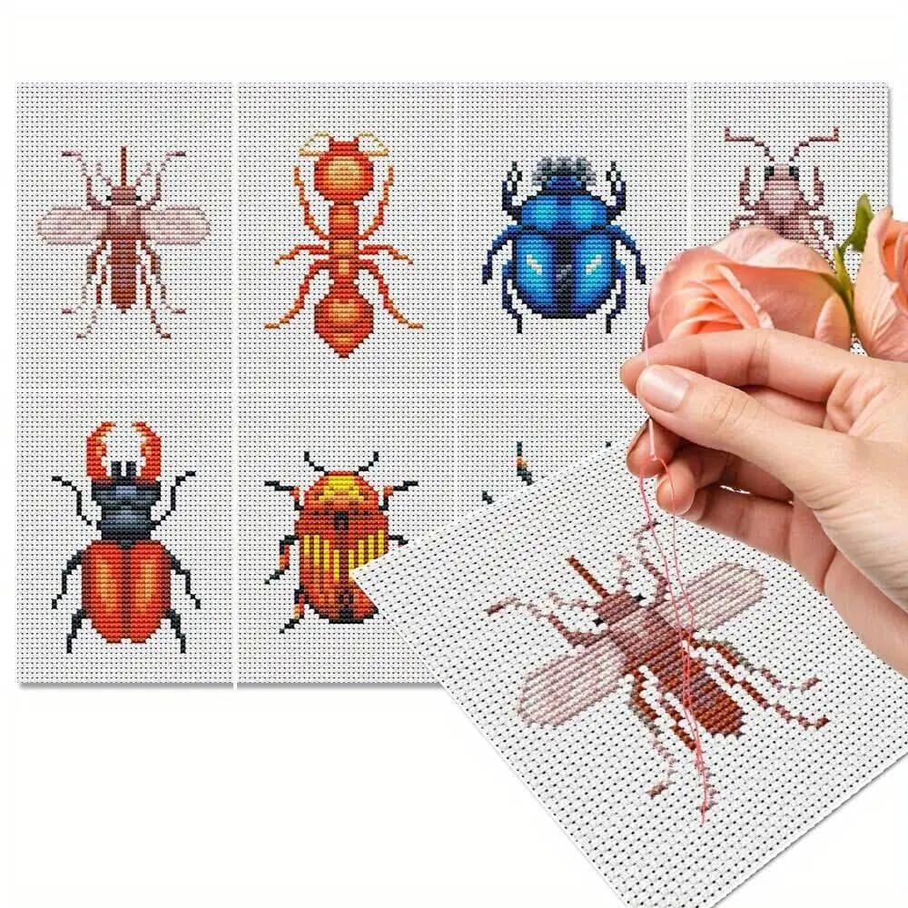 8Pcs Insect Cross Stitch Embroidery Kit Animal 11Ct Set Patterns Cotton Thread Decorative Paintings Home Decor Gift