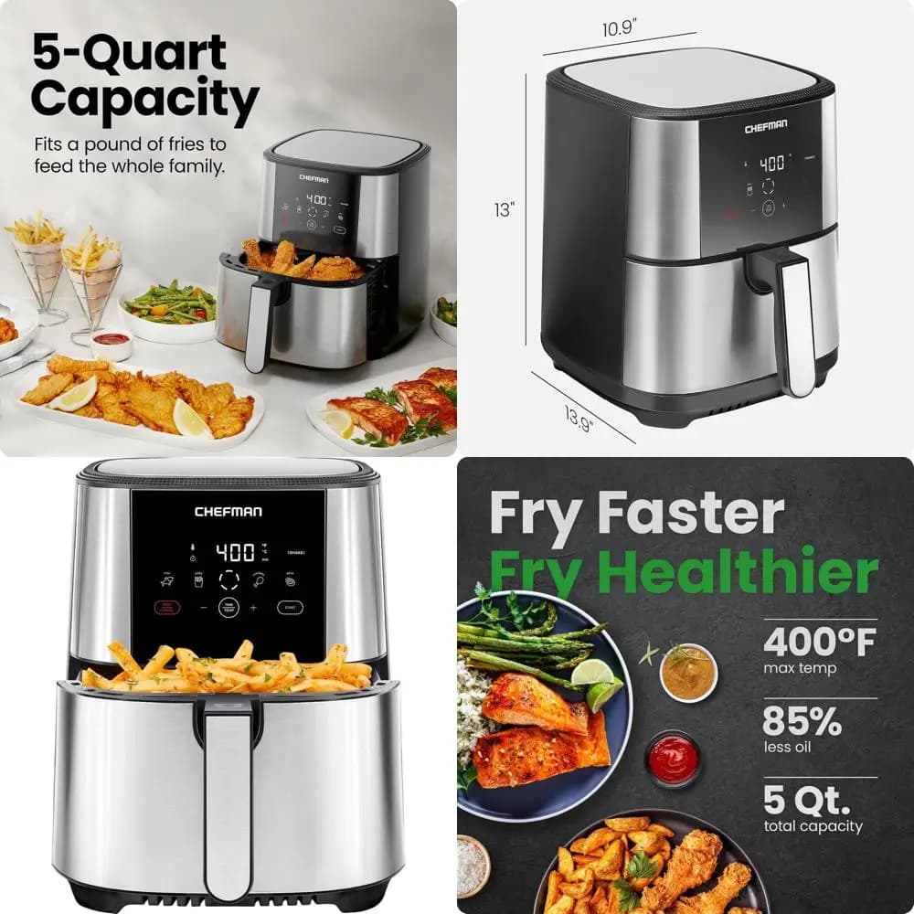 5 Liters Large Digital Air Fryer, Family Size, One-Touch Presets, Anti-Agent, Dishwasher Washable, Automatic Shutdown, Stainless Steel