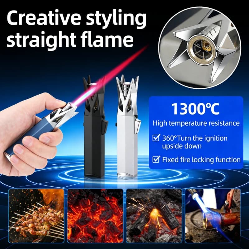 Refillable Butane Jet Torch Lighter Windproof Adjustable Red Flame High Temperature Ignition Tool for Outdoor BBQ Camping