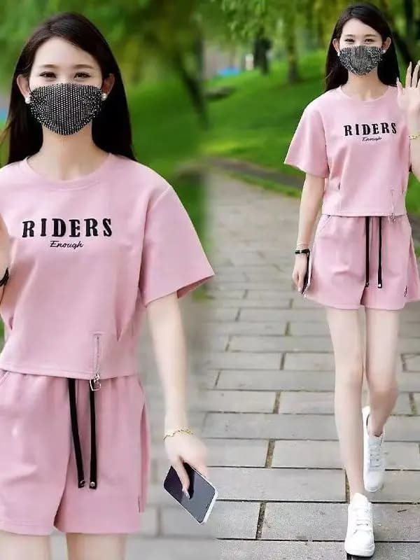 Fashionable Sportswear Set Short Sleeve High Waist Shorts Two Piece Set Korean Style Casual Comfortable Polyester Fiber