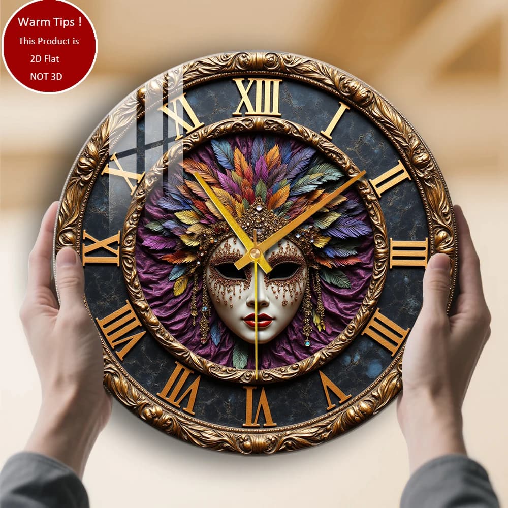 Tempered Glass Wall Clock Venetian Mask Clock with feathers Suitable for wall decorations or table displays everywhere