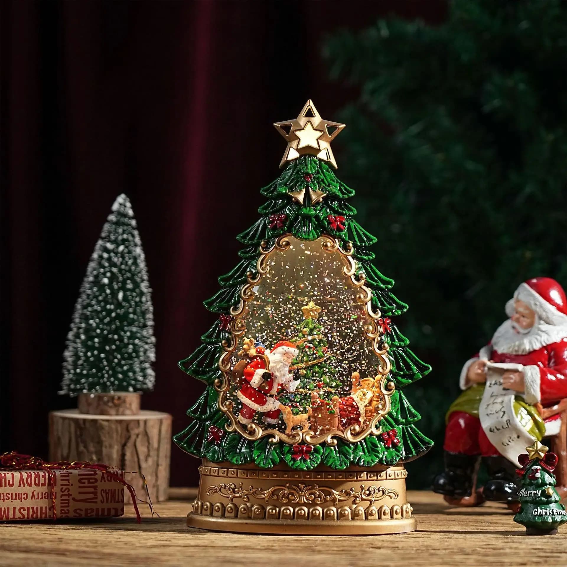 Christmas decorations glowing snow filling Christmas tree night light tabletop ornaments Christmas gifts