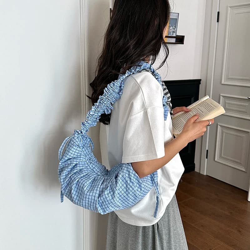 Summer Korean Style Plaid Pleated Hobo Bags Casual Crescent Sweet Handbag for Daily Travel Ruffle Underarm Women's Shoulder Bag