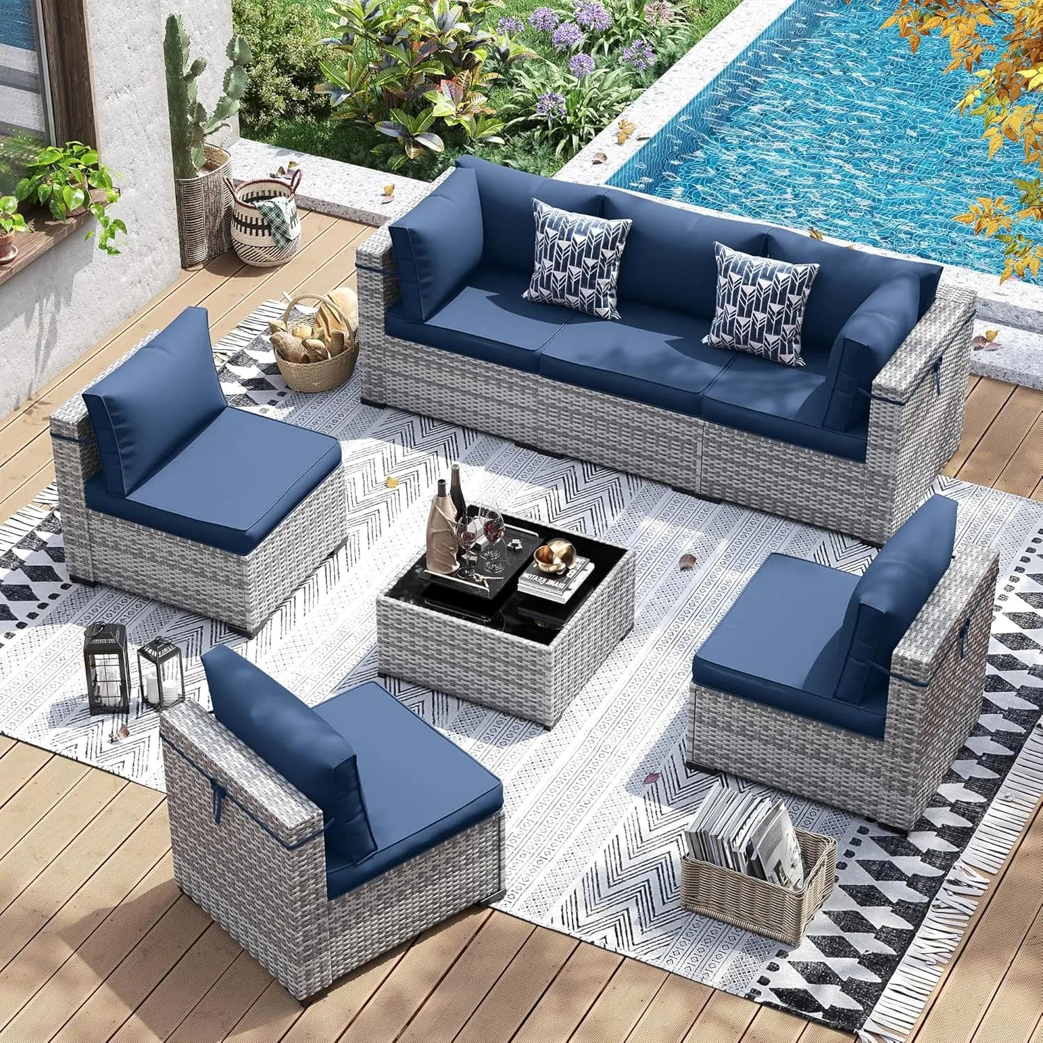 Set di Mobili da Giardino, 7 Pezzi in Vimini PE con Divano Componibile e Tavolino, Set Conversazione per Esterni, Personalizzabile