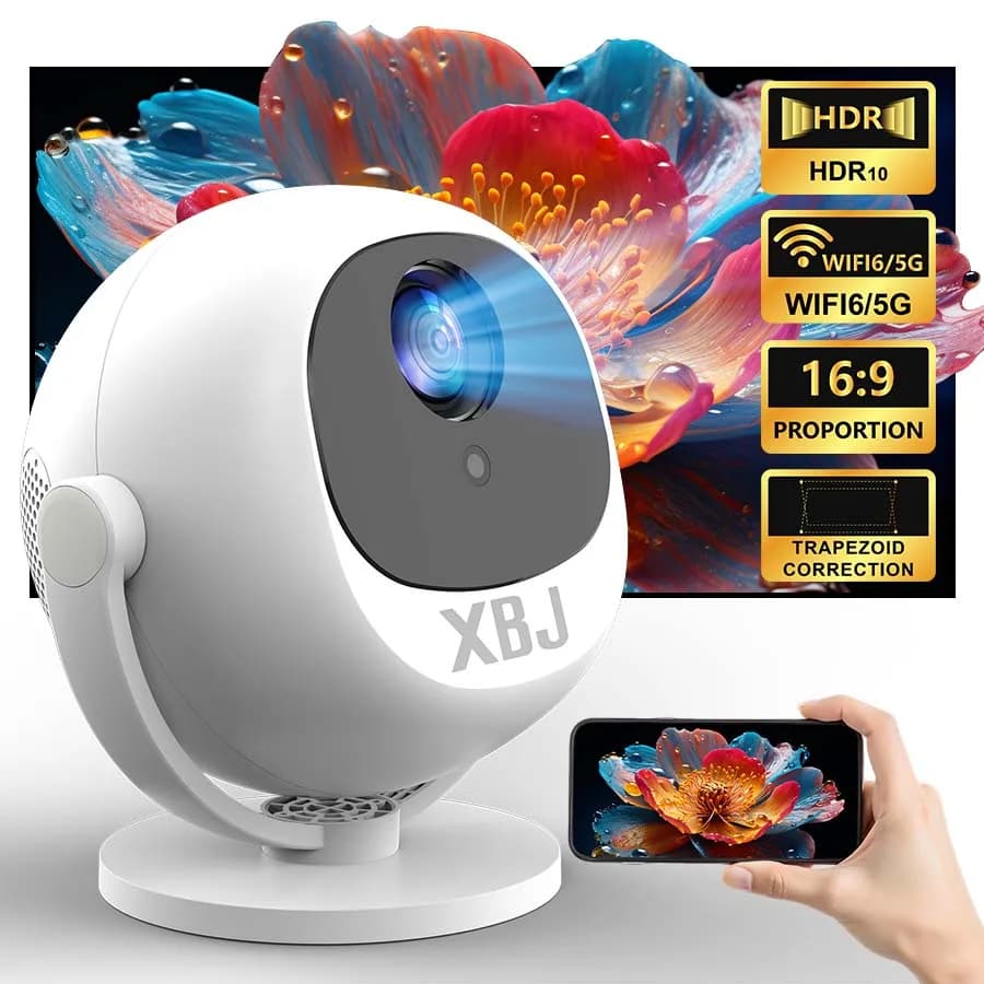 Proiettore Home Theater XBJ Mini 4K, Android WiFi 6 BT 5.0 Auto Keystone 360 ° Videoproiettore portatile con rotazione per la casa all'aperto