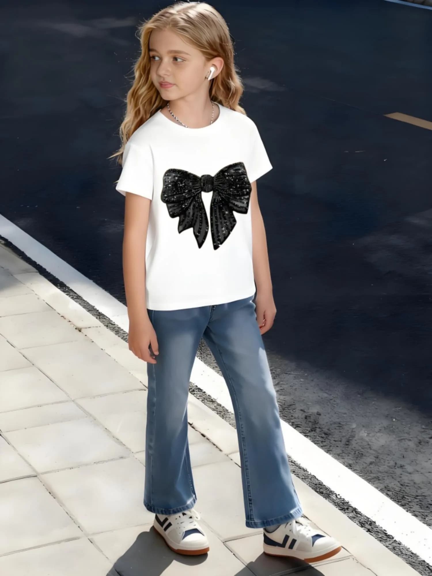 ​ T-shirt per bambini in cotone con fiocco glitterato con effetto luccicante 3D per ragazzi e ragazze, alla moda pronta per le feste ​