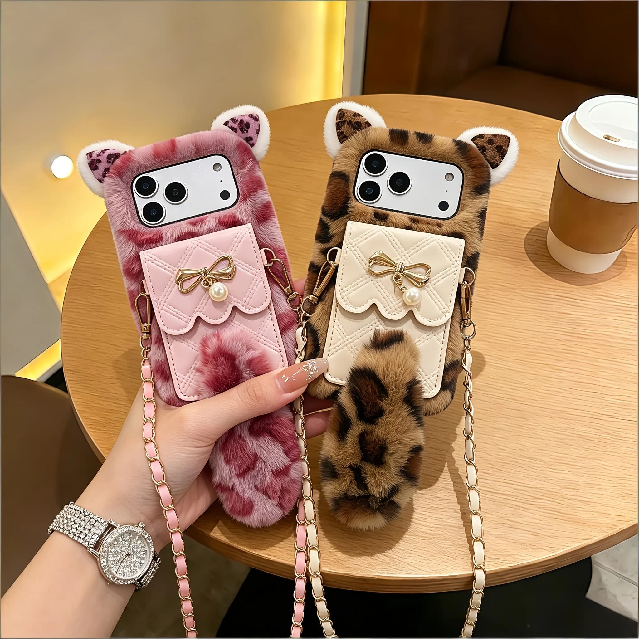Apple Plush Premium Feel Leopard Print Backpack Cat Crossbody Bag Cute Phone Case For iPhone 17 Pro max 16 Plus 15 14 13 Pro Max