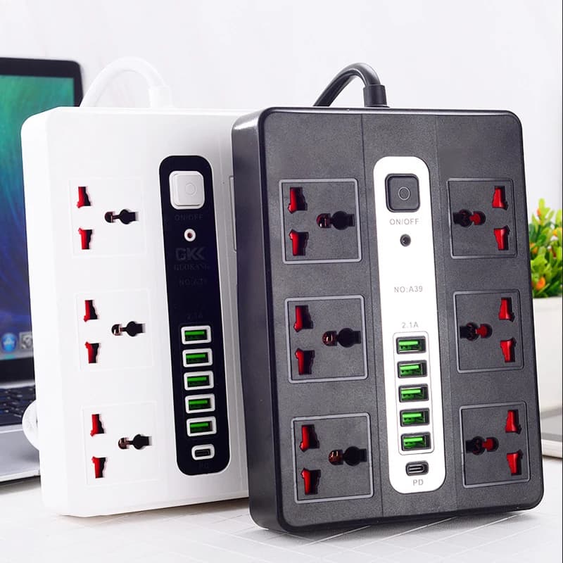 Multiple socket with 2 m extension cable for office house Spina UE UK US Universal socket 2500 W overload protection with 5 USB ports 1 type C
