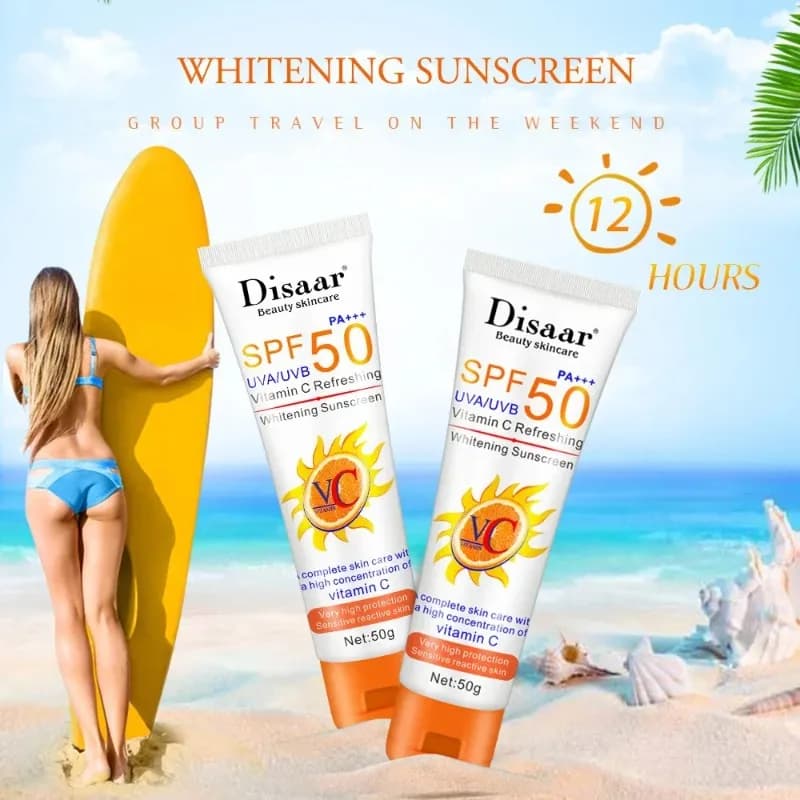 Crema solare alla vitamina C SPF50 Lozione isolante solare per il viso Anti-UV Idratante Non grassa Schiarente Sbiancante Cura della pelle