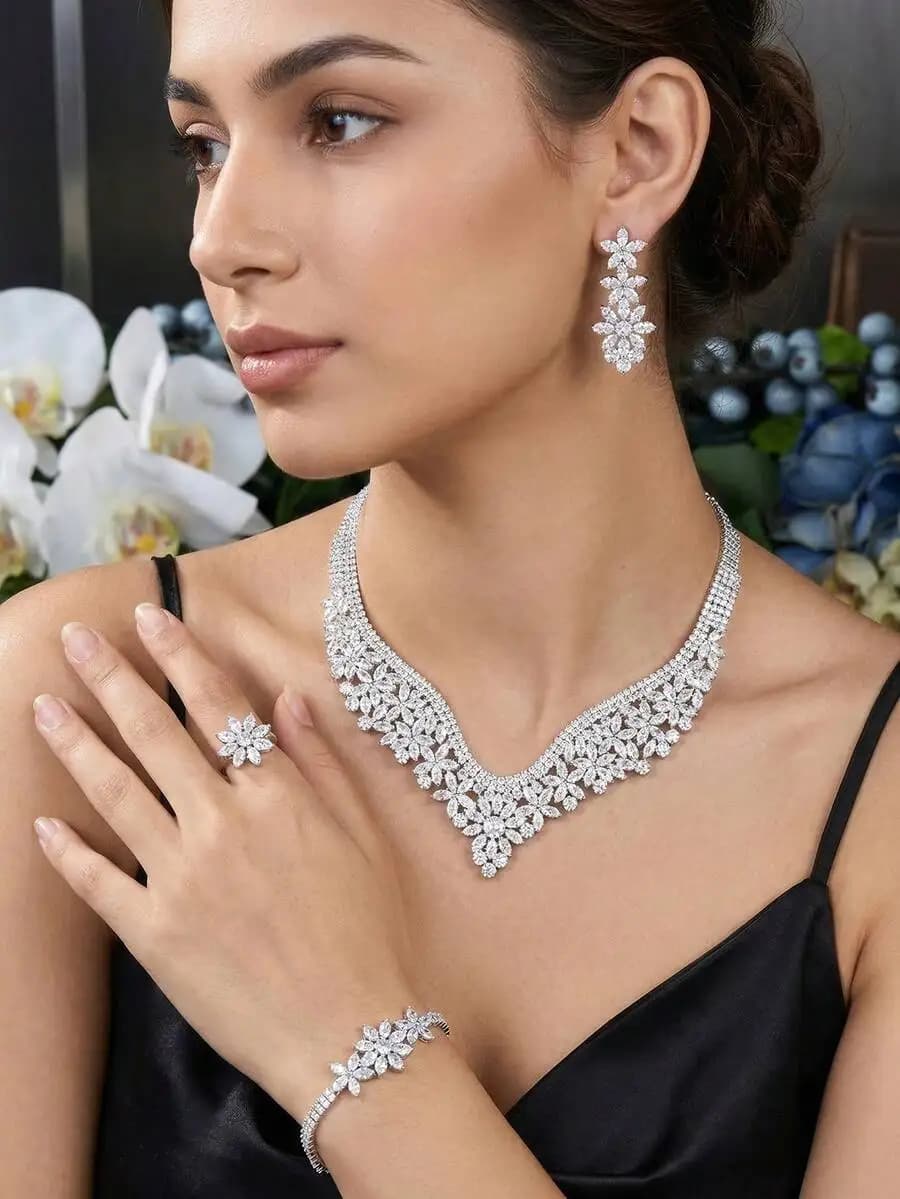 Elegant Bridal Jewelry Set With Cubic Zirconia Floral Design