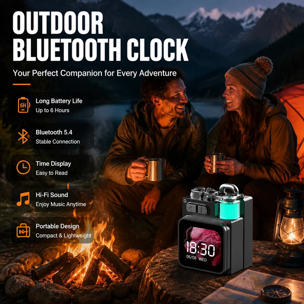 Mini Outdoor Travel Bluetooth Alarm Clock Portable Camping Speaker With Colorful Light Digital Time Display For Backpacking Trip