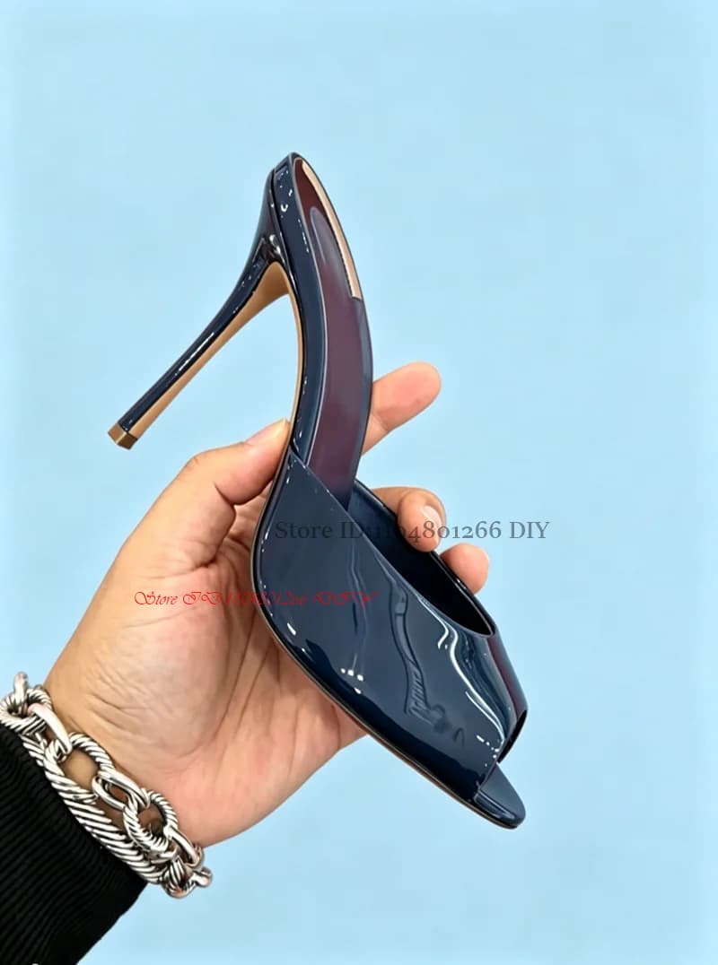 100Mm Stiletto Heeled Blue Patent Mules Thin High Heel Slip On Snadals Woman Summer Shoes