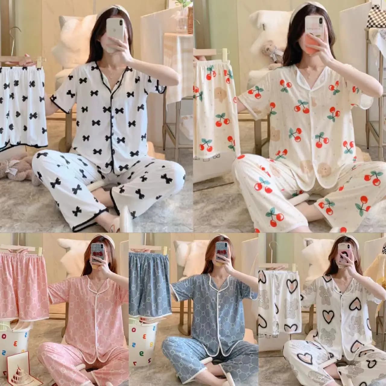New Spring/Summer Women's Short-Sleeve Three-Piece Pajama Set, Women's Short-Sleeve Loungewear, Women's Summer Outfit Set