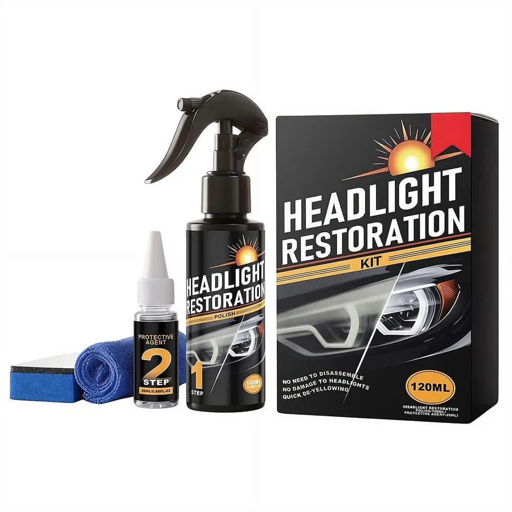 Kit di Restauro Fari Auto in 2 Fasi, Spray Lucidante per Fari, Rimuove Ingiallimento e Ossidazione, Ripristina Fari Appannati