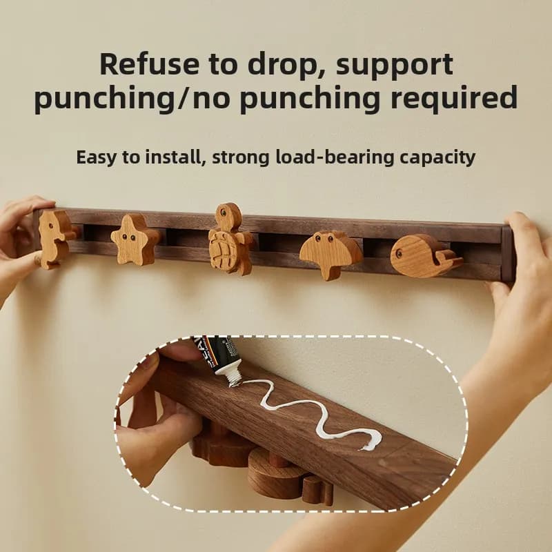 Solid Wood Sliding Coat Hooks Wall Mounted Coat Rack for Kids Room No Drill Cartoon Animal Decor Movable Entryway Organizer