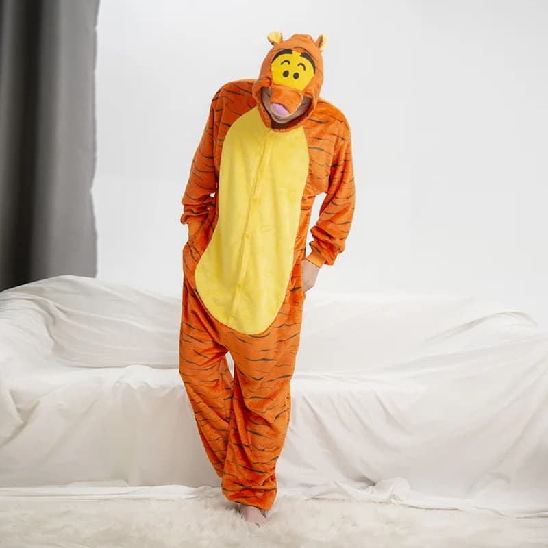 Winter Unisex 3D Jumping Tiger Cosplay Costumes Onesies Women's Sleep Pajamas Adults Flannel Pyjamas Animal Sleepwear Jumpsuit