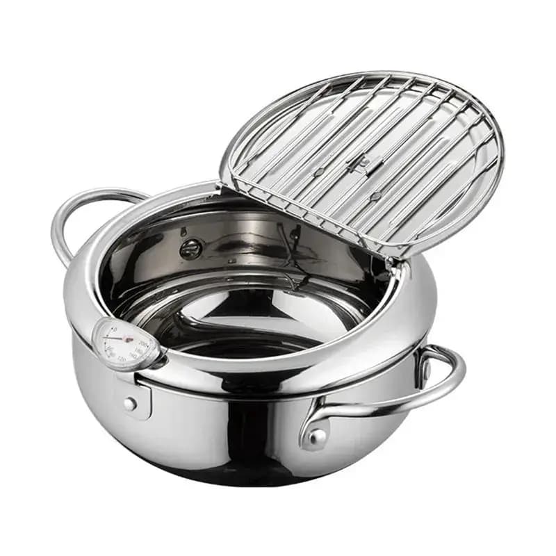 ABJI - Japanese Tempura Frying Machine with Thermometer and Cover, Deep Frying Pot 304 Stainless Steel for Kitchen