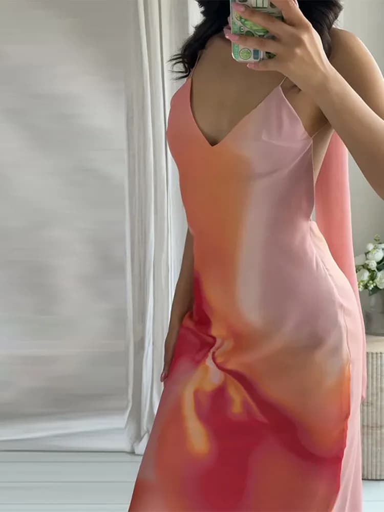 2026 Summer Print Halter Women Dresses Backless Sleeveless Lady Maxi Dress Party Chic With Scarf Tie-dyeing Lady Vestidos New