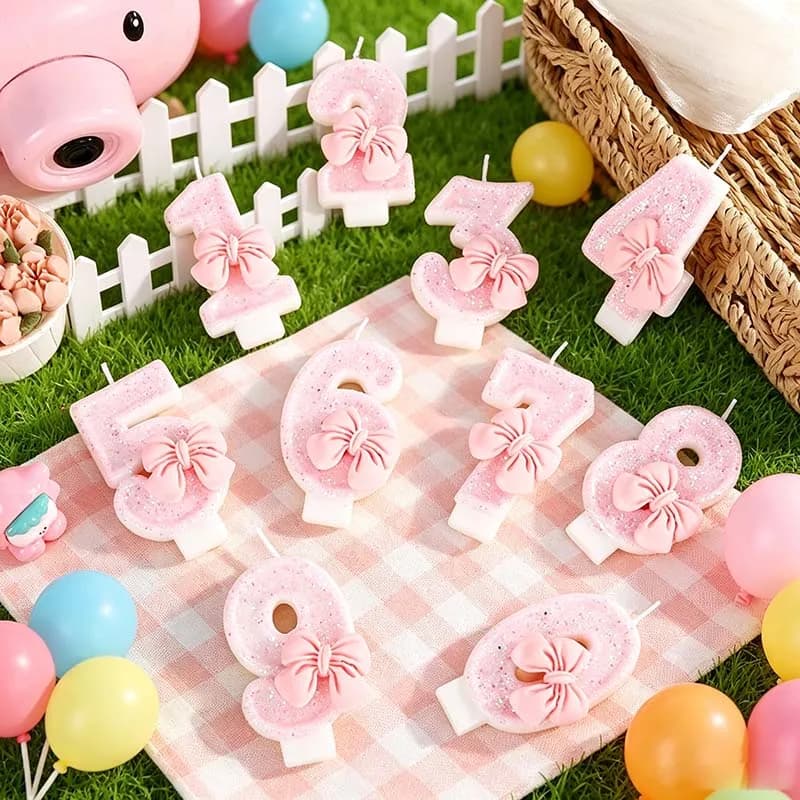 Pink Bow 3D Number Cake Candles for Birthday Party Decorations Birthday Decoration Cake Decorating Pink Glitter