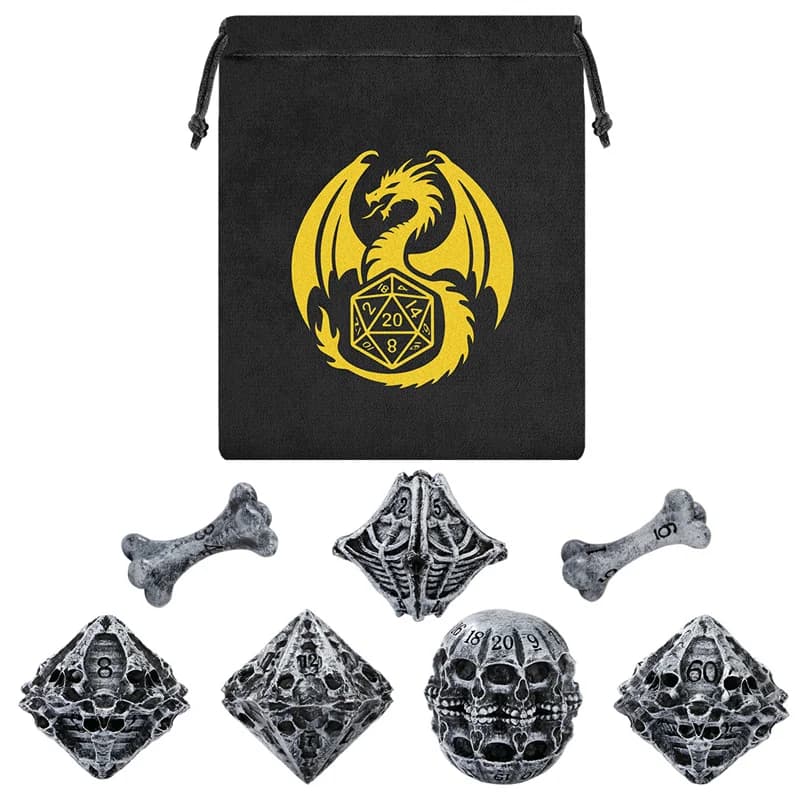 7pcs Gothic Skull Theme Polyhedral Dice Set Resin Skeleton Dice with Drawstring Bag for Tabletop RPG Role Playing Games