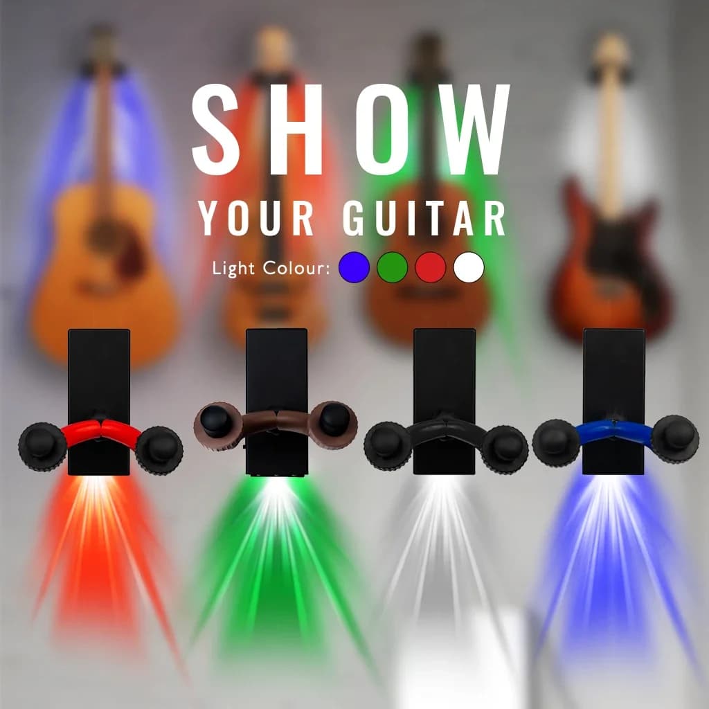 Supporto per Chitarra LED Luminoso Blu con Gancio in Gomma, Set di Capotasto e Plettri, Accessori per Accordatore