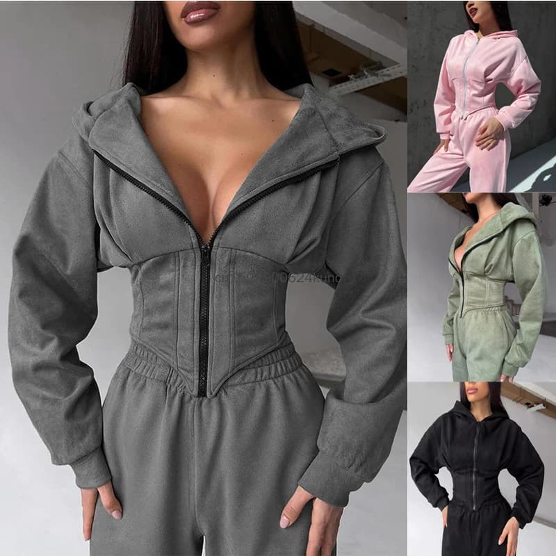2pcs Set Women Spring Autumn Solid Color Waist-Cinched Hooded Sweatshirt Pants Suit Fashion Sporty Casual Tracksuit Outwear