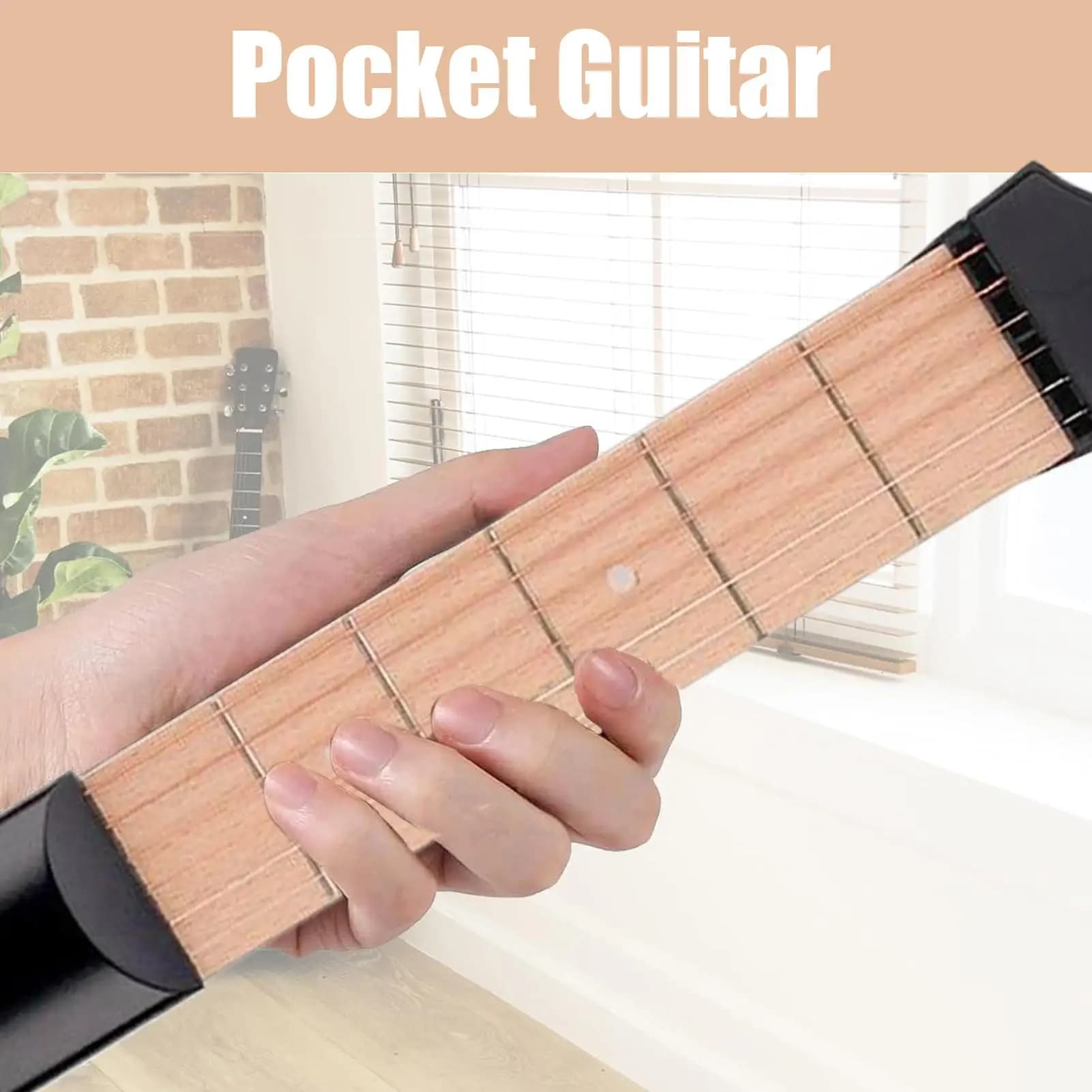 Chitarra tascabile con 2 plettri Sistema di apprendimento per allenamento portatile a 6 tasti Pratica a mano Tastiera per manico per chitarra per adulti Uomini Donne