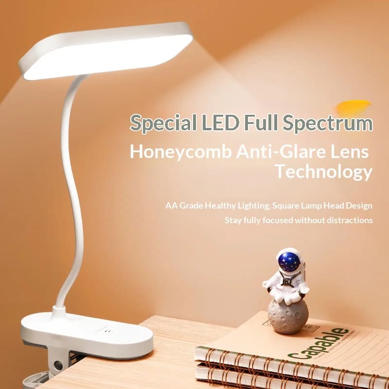 Portable LED reading lamp with clip, USB rechargeable, ideal for students, dorm, bedroom, desk and office