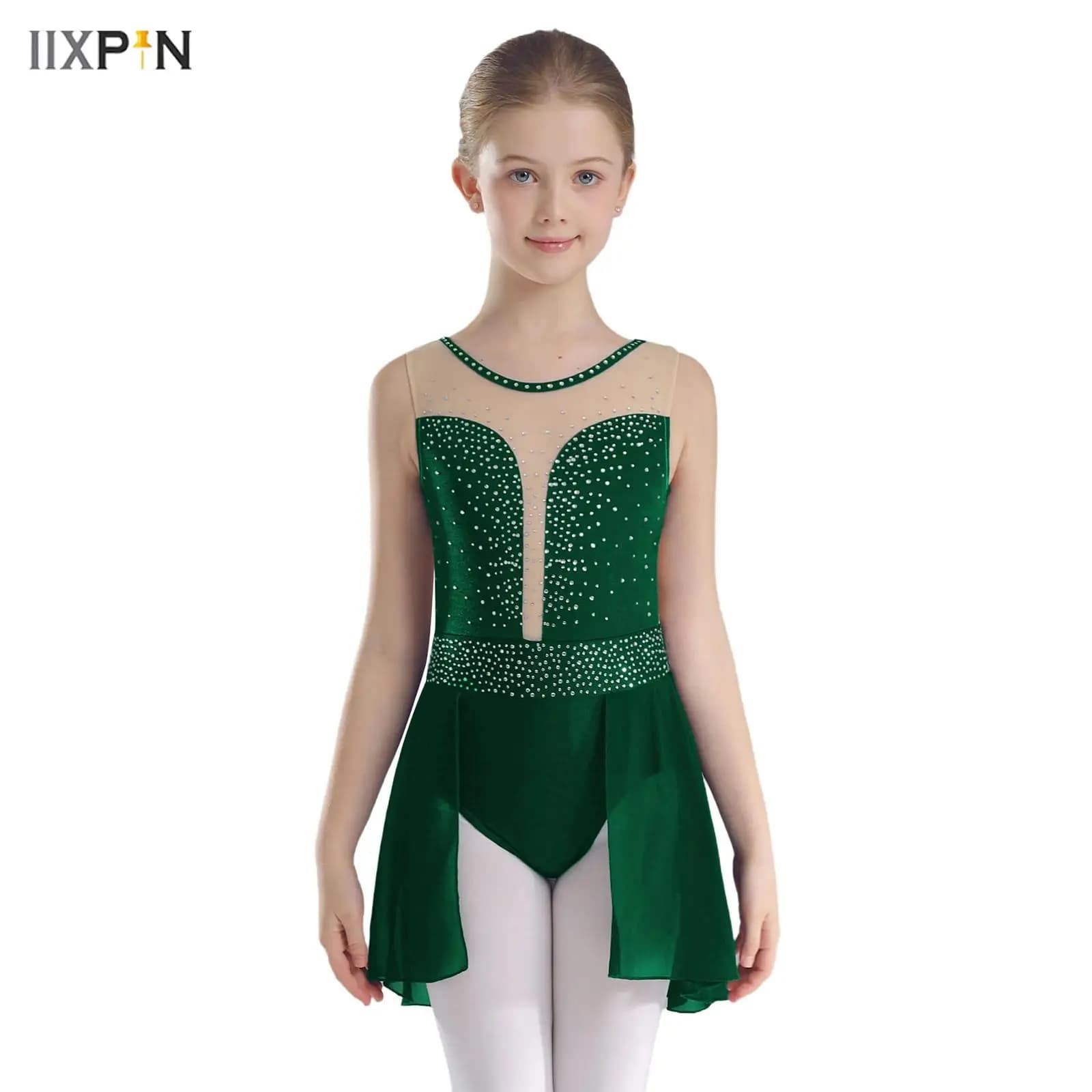 Vestito da ballo lirico per balletto per bambina, senza maniche, con strass lucidi, body con gonna, pattinaggio su ghiaccio, ginnastica, performance di danza