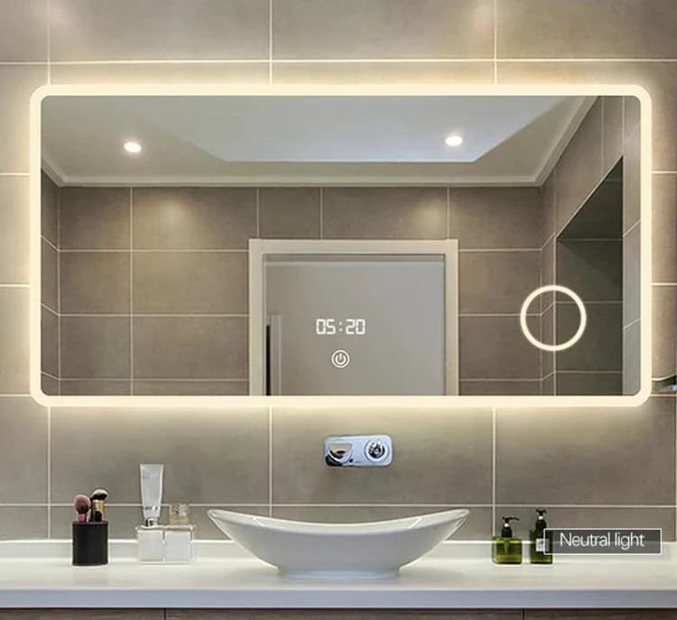 Specchio LED Intelligente Moderno con Interruttore Touch, Rettangolare, per Bagno, con Display Orario