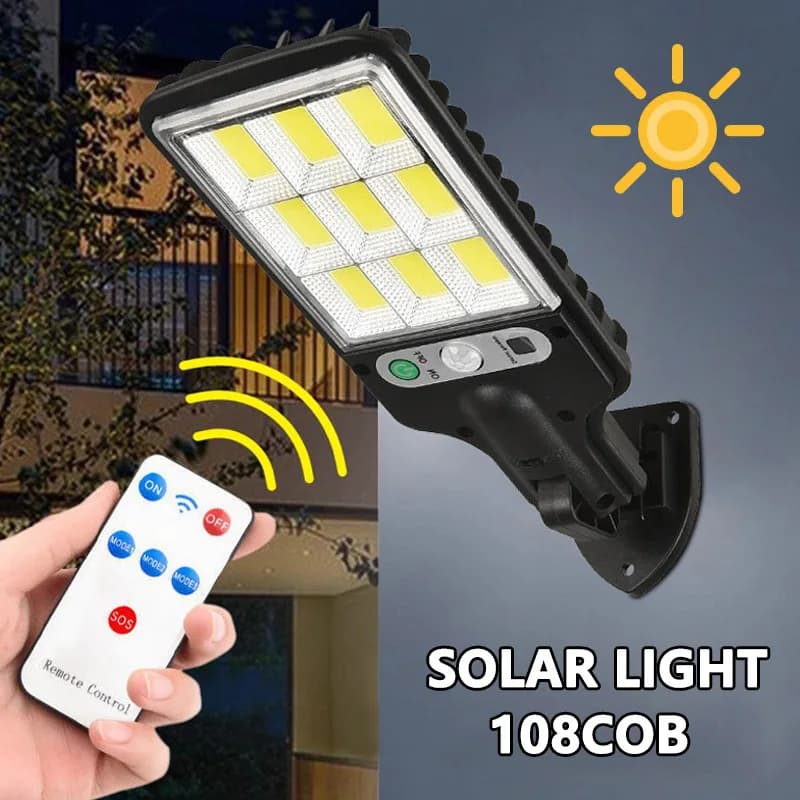108COB Luci solari per esterni Sensore di movimento 3 modalità Illuminazione da parete di sicurezza impermeabile per patio Porta da giardino Lampada solare di inondazione stradale