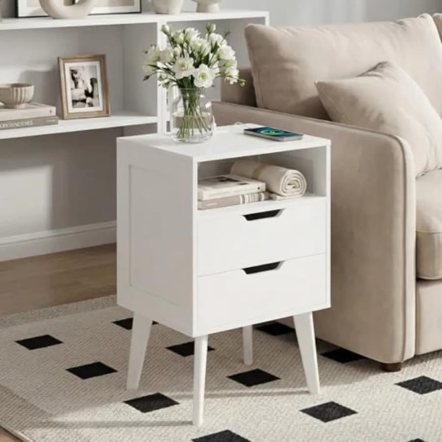 Comodino Moderno Bianco con Stazione di Ricarica USB, 2 Cassetti + Ripiano Aperto, Gambe in Legno Massello, Tavolino Compatto per Camera da Letto
