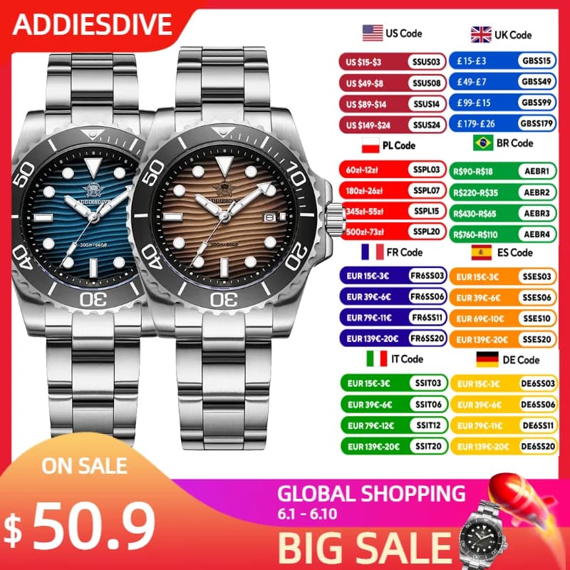 ADDIESDIVE Luxury Men's Quartz Watch Japan 2115 Luminous Stainless Steel Watches 200m High-end Waterproof Wrist Watch New