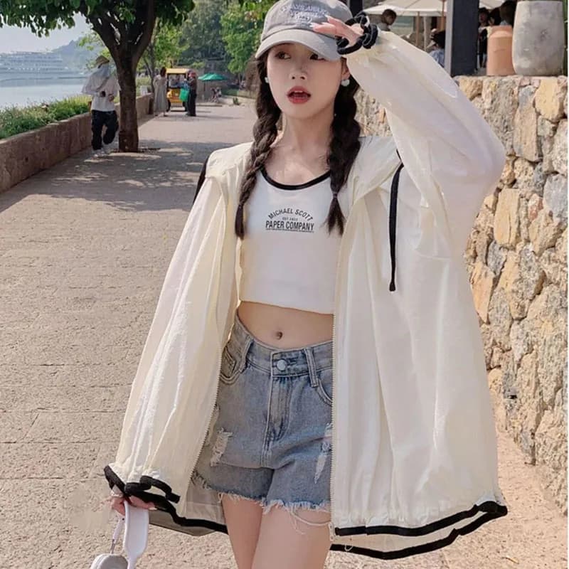 Summer Thin Hooded Sun Protection Coat Women Korean Chic Patchwork Long Sleeve Jacket Female Fashion Streetwear Sun-Proof Tops