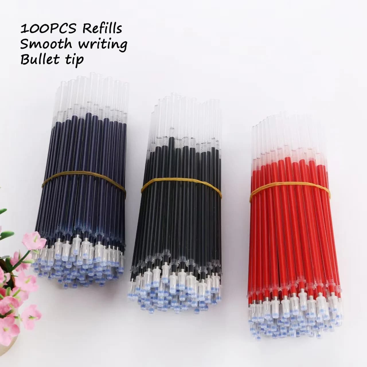 Ricarica per penna gel da 100 pezzi da 0,5 mm, ricarica classica per penna a sfera con punta a proiettile, inchiostro nero blu rosso, scrittura fluida, durevole e duraturo