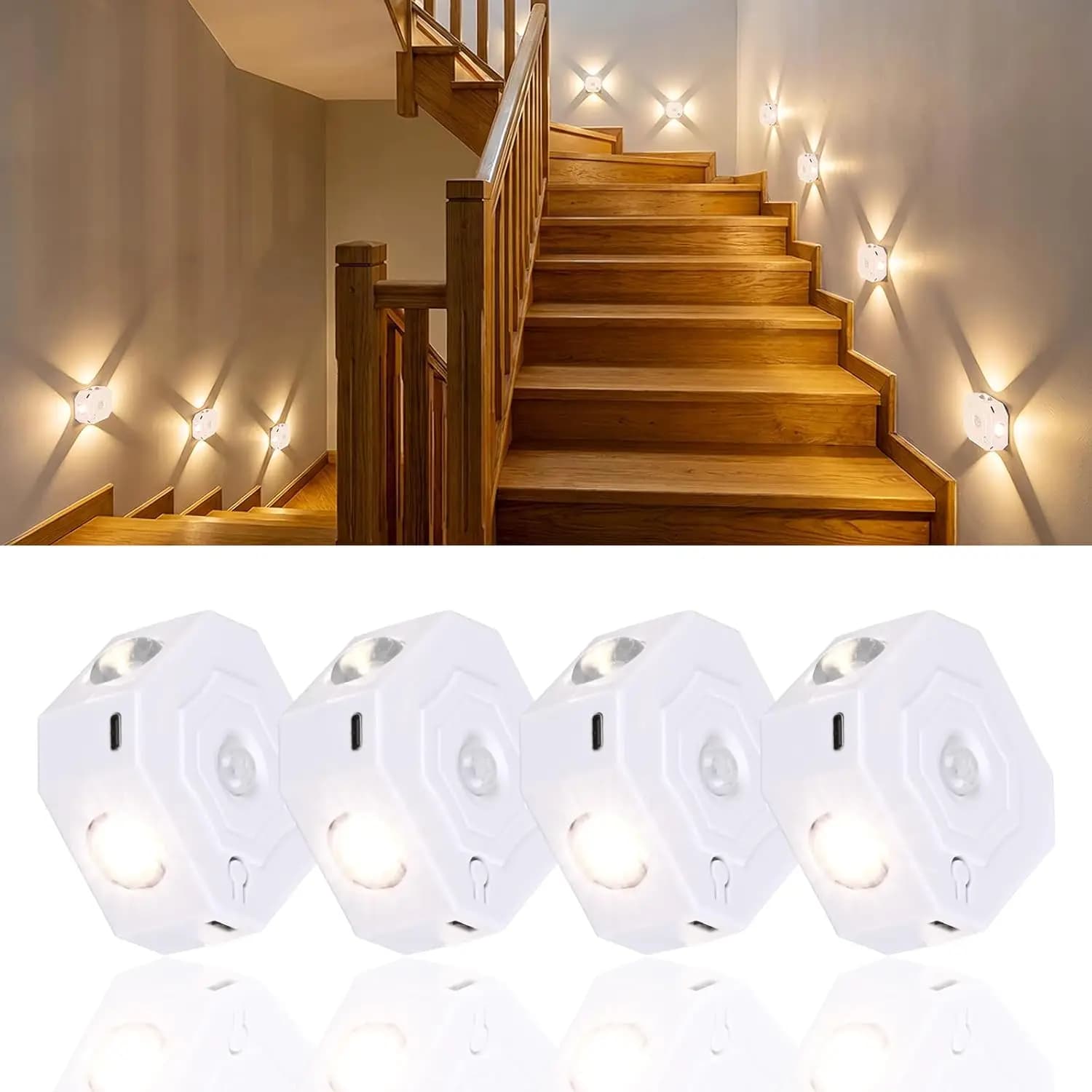 Set di 4 Lampade Notturne con Sensore di Movimento LED, 3 Colori, Ricaricabili, Luce per Scale Wireless Magnetica per Camera da Letto e Comodino