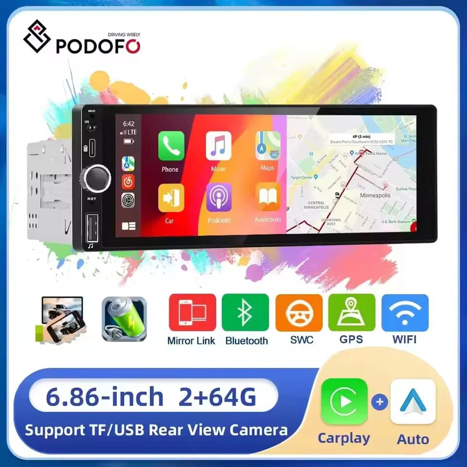 Podofo 1din Android Radio 6.86 "2 + 64G Autoradio Radio Navigazione GPS WIFI Carplay Android auto Bluetooth FM/RDS Lettore per auto