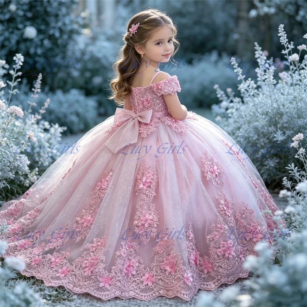 Abito da Damigella di Lusso con Applicazioni in Pizzo, Tulle con Volant e Paillettes, Vestito da Cerimonia a Strati per Bambine con Fiocco