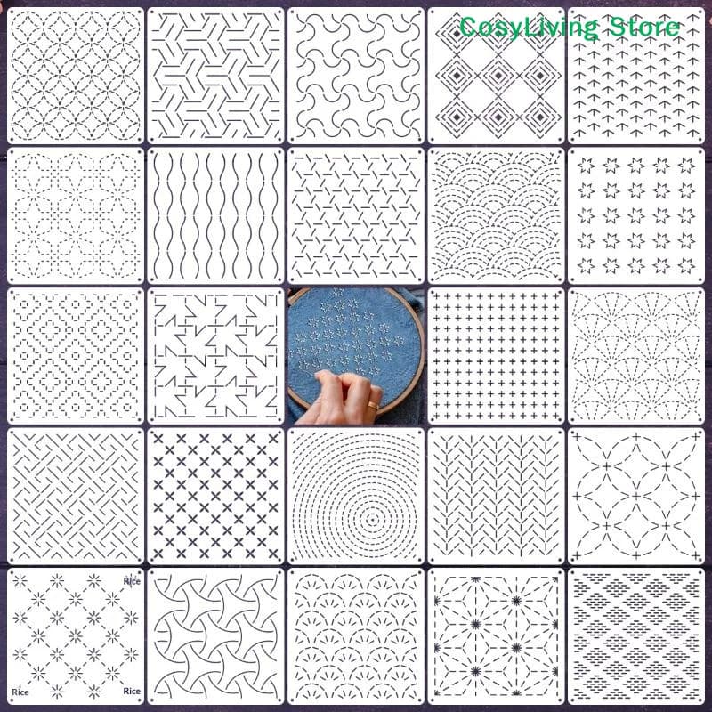 Set da 8/9/24/32 Pezzi di Stencil per Cucito Fai-da-Te, Modelli per Ricamo Sashiko, Template Riutilizzabili per Ricamo su Tessuto, Modelli Geometrici per Quilting