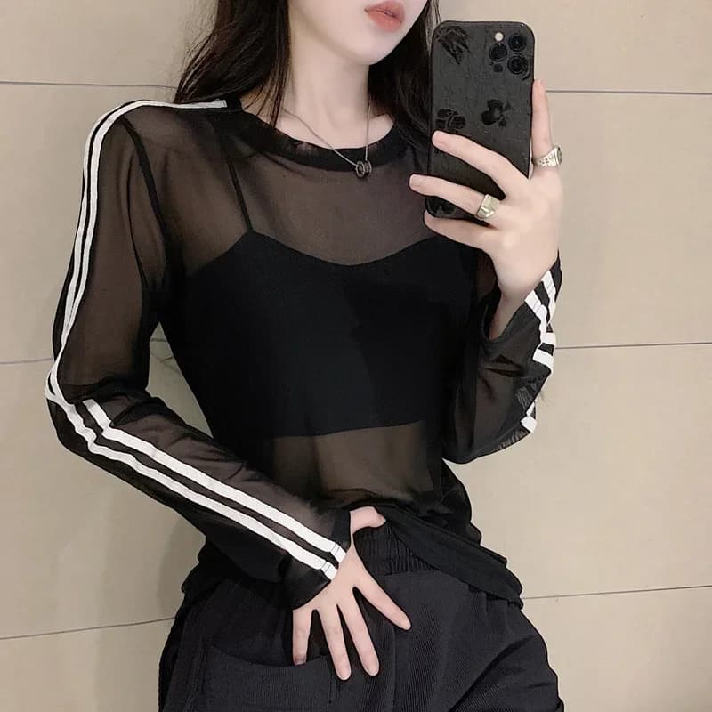 Magliette a Righe in Rete Sottile Sexy, Nuova Collezione Estiva, Maniche Lunghe, Slim Fit, Top Eleganti alla Moda, Abbigliamento Casual da Strada per Donne