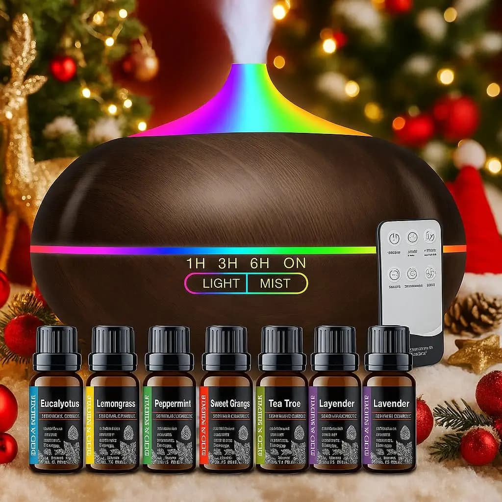 Diffusore di Aromi Effetto Legno da 550ml con Telecomando e Timer, Umidificatore a Nebbia Fredda per Grandi Ambienti, Set di 6 Oli