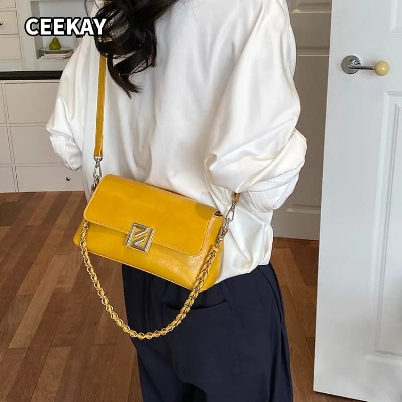 CEEKAY Minimal PU Rectangular Flap Bag Z Metal Lock Dual Use Chain Strap Accent Two Ways Carry Light Portable Crossbody Purse