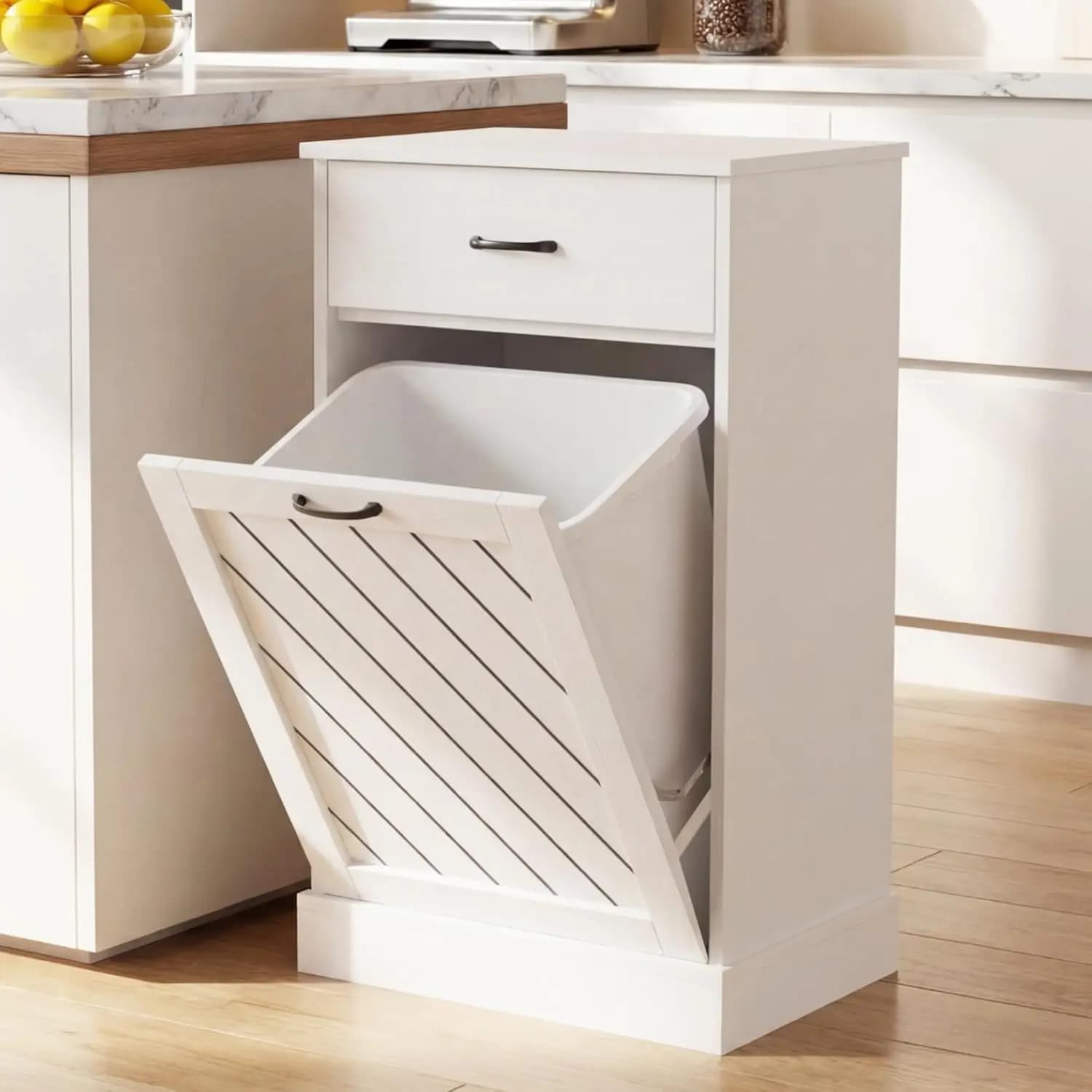 Mobiletto per Rifiuti da 13 Galloni Bianco con Apertura a Ribalta, Mobiletto da Cucina Nascosto per Rifiuti, Mobiletto in Legno per Raccolta Differenziata con Cassetto a Scomparsa, P