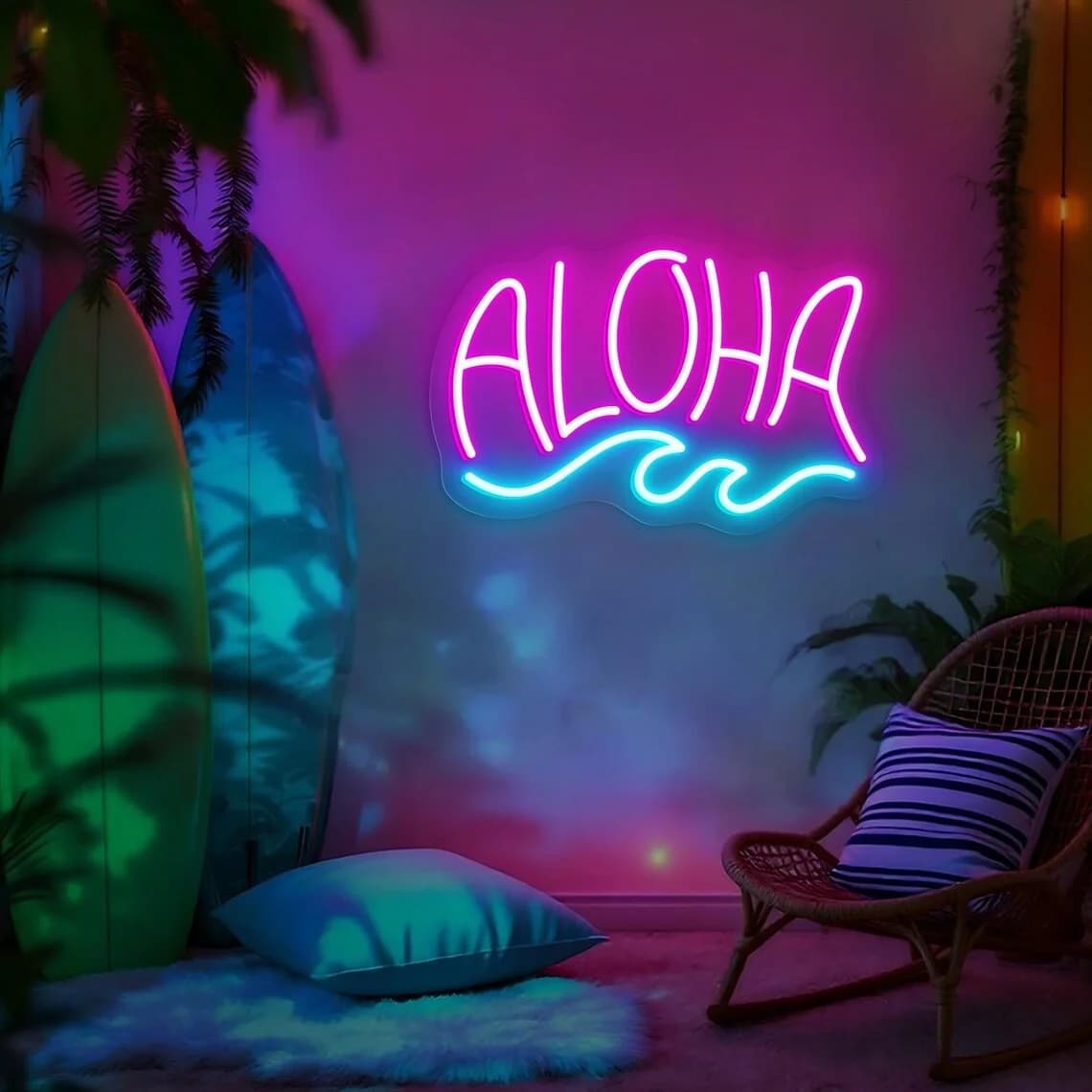 Aloha Insegna al neon Aloha con onda LED Luce Decorazione da parete tropicale Insegna al neon da spiaggia estiva