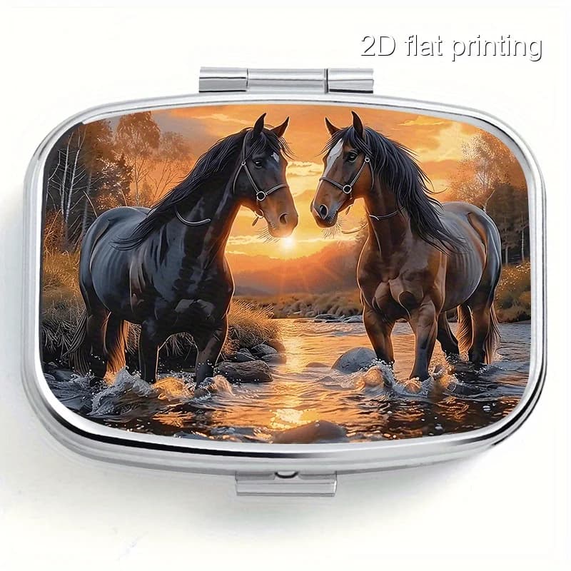 1 Square Pill Box with Horse Print, Double Compartment Pill Box, Mini Portable Pill Box, Suitable for Travel and Outdoor Activities, Can Be Placed in a Pocket or Wallet.